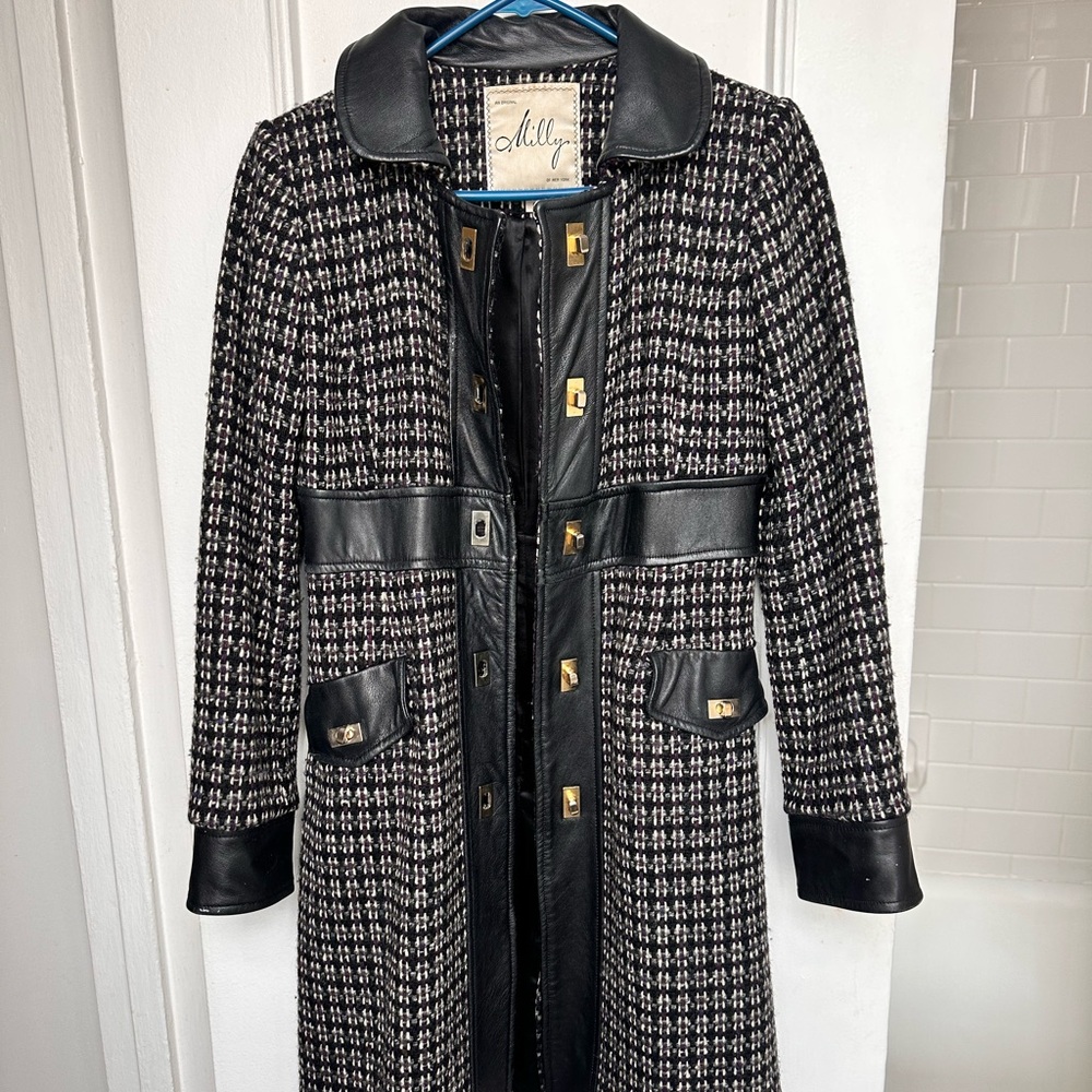 Vintage Milly New York Tweed & Leather Coat - Size 2 - Elegant & Stylish